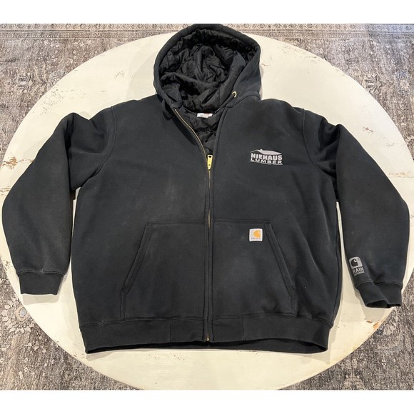 Men Carhartt Hoodie Rain Defender Full Zip Quilted Lined Sz XL Faded Black Logo - Picture 1 of 13